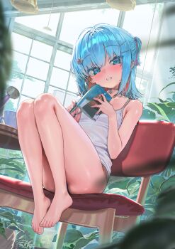 1girl barefoot blue_eyes blue_hair blue_nails blurry blush book breasts camisole closed_mouth colored_inner_hair commentary_request depth_of_field feet fingernails highres holding holding_book indie_virtual_youtuber kanzarin kanzarin_(vtuber) knees_up looking_at_viewer medium_hair multicolored_hair nail_polish no_pants pink_hair plant small_breasts solo toes virtual_youtuber watering_can white_camisole