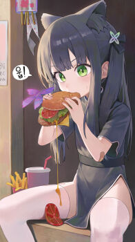 1girl absurdres animal animal_ears bandaid bandaid_on_arm black_dress black_hair blue_archive blush bug burger butterfly chinese_clothes dress eating feet_out_of_frame food green_eyes halo highres holding holding_burger holding_food insect korean_text long_hair merong_(sou47897) no_halo short_sleeves shun_(blue_archive) shun_(small)_(blue_archive) sitting solo speech_bubble thighhighs white_thighhighs