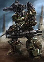 Rule 34 | armored trooper, artist logo, blurry, blurry background, commentary, commission, dust cloud, english commentary, full body, glint, gun, highres, holding, holding gun, holding weapon, lens flare, mecha, mecha focus, no humans, pile bunker, porukima, redesign, robot, science fiction, scopedog, shoulder cannon, solo, soukou kihei votoms, standing, weapon