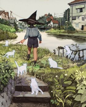 1girl black_hair black_socks cat commentary day english_commentary facing_away fence flower ghost grass grey_sky hat highres holding holding_wand house lamppost medium_hair original outdoors overgrown path river riverbank road shirt shorts simz sky slice_of_life socks solo stairs striped_clothes striped_shirt tree utility_pole vertical-striped_clothes vertical-striped_shirt walking_away wand witch_hat wooden_fence