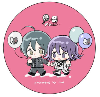 2boys :d ahoge ball_hands balloon black_jacket black_pants black_shoes blush_stickers checkered_clothes checkered_scarf chibi chibi_only closed_mouth commentary_request danganronpa_(series) danganronpa_v3:_killing_harmony dot_nose double-parted_bangs full_body green_eyes green_hair hair_between_eyes holding holding_balloon holding_hands jacket long_sleeves male_focus moi03_moi08 monokuma multiple_boys oma_kokichi open_mouth pants purple_eyes purple_hair saihara_shuichi scarf shoes short_hair simple_background smile standing striped_clothes striped_jacket striped_pants vertical-striped_clothes vertical-striped_jacket vertical-striped_pants white_jacket white_scarf