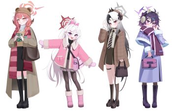 4girls 82jhin alternate_costume alternate_hairstyle animal_ears aru_(blue_archive) bag beanie bear_ears beret black_boots black_bow black_choker black_hair black_horns black_skirt black_sweater blue_archive boots bow braid braided_twintails brown_bag brown_coat brown_hat brown_horns brown_jacket brown_necktie brown_shoes brown_skirt brown_socks brown_sweater cat_ears cat_hair_ornament checkered_shawl choker closed_mouth coat collared_shirt commentary demon_horns diagonal-striped_clothes diagonal-striped_necktie dress ear_piercing earmuffs earrings fake_animal_ears full-body_cast full_body fur-trimmed_jacket fur-trimmed_shawl fur-trimmed_sleeves fur_trim grey_hair grey_halo grey_shirt grin hair_between_eyes hair_bow hair_ornament hair_over_shoulder hairclip halo hand_up handbag haruka_(blue_archive) hat heat_pad high_ponytail highres holding holding_bag holding_own_hair horns jacket jewelry kayoko_(blue_archive) knee_boots kneehighs lace-up_boots leaning_to_the_side loafers long_hair long_sleeves looking_at_viewer low_twintails mittens multiple_girls mutsuki_(blue_archive) necklace necktie open_mouth outstretched_arms pantyhose piercing pink_bow pink_jacket pink_mittens plaid_clothes plaid_jacket pointy_ears ponytail problem_solver_68_(blue_archive) purple_boots purple_dress purple_eyes purple_hair purple_halo purple_shawl red_eyes red_hair red_halo red_scarf scarf shawl shirt shoes shoulder_bag simple_background skirt smile socks spread_arms standing striped_clothes sweater sweater_vest symbol-only_commentary thigh_strap turtleneck turtleneck_sweater twintails very_long_hair white_background white_hair white_sweater winter_clothes yellow_eyes