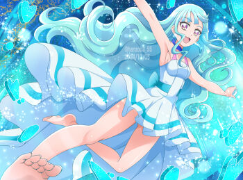 1girl aqua_hair aqua_sash barefoot blue_choker choker cure_lillian dated dress earrings hanzou henshin highres jewelry long_hair magical_girl nekoyashiki_mayu open_mouth pearl_earrings precure purple_eyes sash smile solo twitter_username white_dress wonderful_precure!