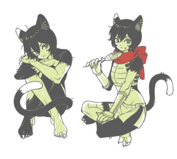 1girl animal_ear_fluff animal_ears apron armor barefoot black_hair breastplate cat_ears cat_girl cat_tail clawed_feet closed_mouth crossed_ankles crossed_arms denovo320 dungeon_meshi eating fingernails fish food food_on_face full_body hair_between_eyes highres holding holding_skewer hugging_own_legs indian_style izutsumi kemonomimi_mode looking_at_viewer multiple_views red_scarf scarf sharp_fingernails sharp_toenails short_hair sitting skewer slit_pupils solo tail toenails waist_apron white_background