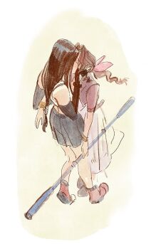 2girls aerith_gainsborough bangle bare_shoulders black_gloves black_hair black_skirt boots border bracelet brown_boots brown_hair closed_eyes crop_top dress elbow_gloves final_fantasy final_fantasy_vii final_fantasy_vii_remake fingerless_gloves from_above full_body gloves hair_ribbon hand_in_another's_hair holding holding_staff jewelry kiss long_dress long_hair low-tied_long_hair marianne_khalil midriff miniskirt multiple_girls parted_bangs pink_dress pink_ribbon pleated_skirt ponytail red_boots ribbon shirt sidelocks sketch skirt staff tifa_lockhart white_border white_shirt yuri