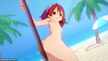 1girl 3d animated ass beach breasts brown_hair green_eyes highres huge_ass koikatsu_(medium) legs looking_back naughty_face nipples nude ocean open_mouth pole pole_dancing saru_getchu sayaka_(saru_getchu) small_breasts smile tagme thighs twintails v video water