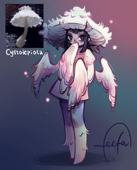 Rule 34 | 1girl, angel, angel wings, black hair, colored skin, dress, feefal, full body, fungi, funguary, highres, monster girl, mushroom, mushroom girl, mushroom hat, object and personification, original, personification, photo inset, procreate (medium), reference inset, signature, simple background, solo, v-bangs, wings