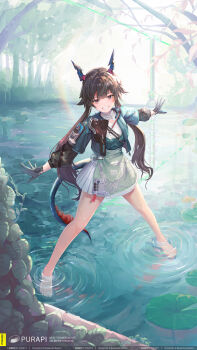 1girl absurdres arknights arknights:_endfield bare_legs barefoot black_gloves brown_eyes brown_hair chen_qianyu_(arknights) chinese_commentary commentary_request cropped_jacket day dragon_horns dragon_tail english_text full_body gloves grin highres horns jacket lake leaf lily_pad long_hair long_sleeves looking_at_viewer low_twintails one_eye_closed open_clothes open_jacket outdoors outstretched_arms pond ripples shirt skirt smile solo spread_arms standing tail tree twintails very_long_hair wading water white_skirt zhipian_eli