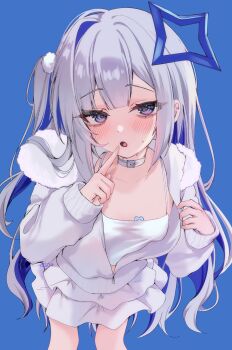 1girl absurdres acedia amane_kanata blue_background blush breasts halo highres hololive jacket long_hair looking_at_viewer open_clothes open_jacket open_mouth partially_unzipped purple_eyes shirt side_ponytail simple_background skirt small_breasts solo star_halo virtual_youtuber white_hair white_shirt white_skirt