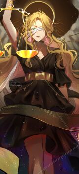 1girl absurdres arm_up balance_scale bandage_over_one_eye black_dress blonde_hair breasts cleavage colored_inner_hair commentary corset dress english_commentary expressionless feathered_wings green_eyes hair_ribbon halo halo_behind_head highres holding light_particles light_rays long_hair looking_at_viewer multicolored_hair omniscient_reader&#039;s_viewpoint ribbon saihachi06 sky solo star_(sky) starry_sky uriel_(omniscient_reader&#039;s_viewpoint) variant_set very_long_hair wavy_hair weighing_scale white_wings wings