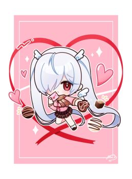 Rule 34 | 1girl, ^^^, alternate costume, border, breasts, candy, cardigan, chibi, chocolate, chocolate heart, cinderella (nikke), deformed, diamond (shape), food, goddess of victory: nikke, hair ornament, hair over one eye, hand up, hashtag-only commentary, heart, heart-shaped food, heart ribbon, highres, leg up, long hair, long sleeves, looking at viewer, momori sensei, necktie, outstretched arm, pink background, plaid clothes, plaid scarf, plaid skirt, pleated skirt, red eyes, ribbon, scarf, shoes, skirt, socks, solo, twintails, valentine, very long hair, white border, white chocolate, white hair, wing hair ornament
