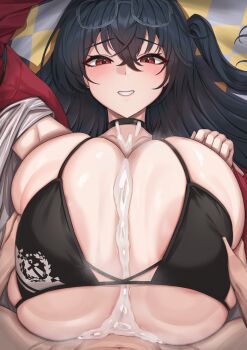Rule 34 | 1girl, azur lane, bikini, black bikini, black hair, breasts, breasts squeezed together, cccco, choker, crossed bangs, cum, cum on body, cum on breasts, cum on upper body, eyewear on head, grin, highres, huge breasts, jacket, long hair, looking at viewer, official alternate costume, paizuri, paizuri under clothes, race queen, red eyes, red jacket, smile, swimsuit, taihou (azur lane), taihou (enraptured companion) (azur lane)