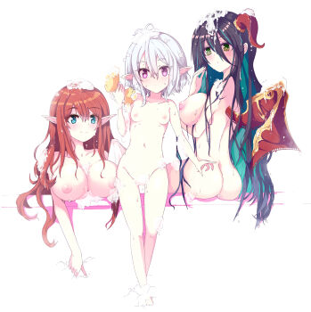 3girls absurdres antenna_hair arm_under_breasts ass black_hair blue_eyes blush breast_rest breasts brown_hair closed_mouth collarbone colored_inner_hair commentary_request completely_nude convenient_censoring demon_wings elf green_eyes green_hair hair_between_eyes highres holding holding_sponge horns kokkoro_(princess_connect!) large_breasts long_hair looking_at_viewer misato_(princess_connect!) multicolored_hair multiple_girls nipples nude petite pink_eyes pointy_ears princess_connect! ranpha_(princess_connect!) red_horns red_wings short_hair sidelocks single_horn single_wing sitting small_breasts smile soap_bubbles soap_censor sponge standing swept_bangs two-tone_hair very_long_hair white_hair wings yamada_(hvcij)