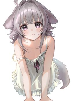 1girl absurdres animal_ears blush breasts closed_mouth commentary_request dress frilled_dress frills grey_hair hair_intakes highres long_hair looking_at_viewer multicolored_hair original purple_eyes purple_hair rounizm simple_background sleeveless sleeveless_dress small_breasts solo strap_slip streaked_hair tail white_background white_dress