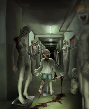 absurdres blonde_hair blood blood_on_clothes breasts ceiling_light hallway highres horror_(theme) mannequin open_mouth original severed_arm severed_limb shirt shorts smile ventilation_shaft white_shirt xlazyx