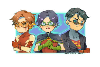 10s 2016 3boys bart_allen black_hair blue_eyes brown_hair cape crossed_arms dated dc_comics domino_mask earrings eye_mask glasses gloves goggles green_gloves impulse jacket jewelry kon-el male_focus mask multiple_boys red_gloves robin_(dc) sunglasses superboy tim_drake undercut yellow_eyes young_justice