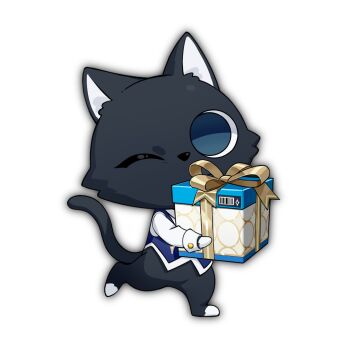 1other animal_ears animal_request artist_request barcode blue_eyes blue_jacket buttoned_cuffs buttons chipy full_body gift gold_ribbon highres holding holding_gift jacket official_art one_eye_closed poker_fate shirt solo tail transparent_background white_shirt