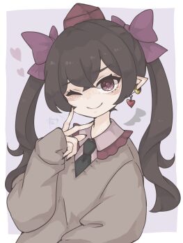 1girl black_nails black_necktie bow closed_mouth collared_shirt commentary_request crossed_bangs ear_piercing earrings fingernails grey_jacket hair_bow hand_up harukairo hat heart heart_earrings highres himekaidou_hatate inward_v jacket jewelry long_hair long_sleeves looking_at_viewer nail_polish necktie one_eye_closed piercing pointy_ears purple_bow purple_eyes purple_shirt shirt sleeves_past_wrists smile solo tokin_hat touhou twintails upper_body v