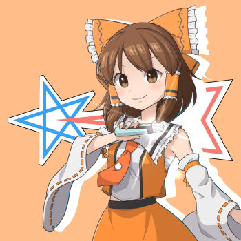 1girl adapted_costume bare_shoulders belt beta_capsule blush bottizu_kousiki bow breasts brown_eyes brown_hair closed_mouth coat collared_shirt commentary crop_top detached_sleeves drop_shadow frilled_bow frilled_hair_tubes frills grey_belt hair_bow hair_tubes hakurei_reimu hand_up highres holding logo logo_background looking_at_viewer medium_hair midriff_peek miniskirt necktie nontraditional_miko orange_background orange_bow orange_coat orange_necktie orange_ribbon orange_skirt orange_theme ribbon ribbon-trimmed_sleeves ribbon_trim science_special_search_party_uniform shirt sidelocks simple_background skirt sleeveless sleeveless_coat sleeveless_shirt smile solo split_mouth tokusatsu touhou ultra_series ultraman_(1st_series) upper_body white_sleeves wide_sleeves