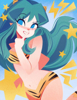 1girl aqua_hair bikini blue_eyes breasts commentary cone_horns emmyluvscookies eyelashes finger_to_mouth highres horns index_finger_raised lightning_bolt_symbol long_hair lum navel pointy_ears print_bikini sidelocks smile solo star_(symbol) swimsuit urusei_yatsura