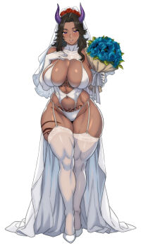 1girl blue_flower blush bouquet breasts bridal_bikini bridal_gauntlets bridal_veil brown_hair cleavage commission dark-skinned_female dark_skin demon_horns flower full_body garter_belt hand_on_own_chest holding holding_bouquet horns jamjamstyle large_breasts looking_at_viewer medium_hair muscular muscular_female navel open_mouth original pubic_tattoo purple_eyes simple_background smile solo tattoo thick_thighs thighhighs thighs veil white_background white_thighhighs wide_hips