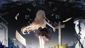 1girl absurdres ass bare_shoulders black_dress blonde_hair bush cloud commentary cowboy_shot cross dampi dress english_commentary facing_away flower from_behind hair_ornament highres letter long_hair night night_sky original outdoors outstretched_arms roman_numeral see-through_clothes sky sleeveless sleeveless_dress solo spread_arms standing star_(sky) starry_sky