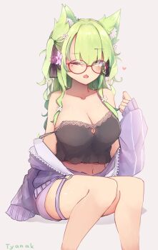 1girl animal_ears baggy_clothes black_camisole breasts camisole ceres_fauna commentary english_commentary fang flower garter_straps glasses green_hair hair_flower hair_ornament heart highres hololive invisible_chair jacket large_breasts long_hair looking_at_viewer off_shoulder one_eye_closed purple_garter_straps purple_jacket raised_eyebrow red-framed_eyewear round_eyewear simple_background single_garter_strap single_off_shoulder sitting skin_fang solo spaghetti_strap ty4nak virtual_youtuber white_background yellow_eyes zipper