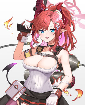 Rule 34 | 1girl, armband, bare shoulders, black skirt, blue archive, blue eyes, blush, breasts, choker, cleavage, clothes around waist, covered navel, fang, fire, flamethrower, gas tank, gloves, hair ornament, halo, hand up, highres, holding, holding flamethrower, holding weapon, horns, long hair, medium breasts, megu (blue archive), miniskirt, open mouth, parted bangs, pointy ears, pony (animal), ponytail, pouch, shidoh279, shirt, sidelocks, skin fang, skirt, solo, tail, upper body, weapon, white shirt