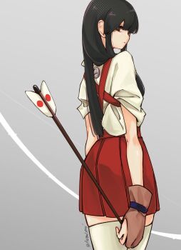 Rule 34 | 1girl, absurdres, akagi (kancolle), arrow (projectile), black hair, bow (weapon), brown eyes, brown gloves, commentary, from behind, gloves, grey background, hakama, hakama skirt, highres, holding, holding arrow, japanese clothes, kantai collection, kimono, kusomisoni, long hair, looking at viewer, looking back, muneate, partially fingerless gloves, partly fingerless gloves, red hakama, simple background, skirt, solo, tasuki, thighhighs, weapon, white thighhighs, yugake