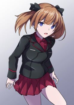 Rule 34 | 1girl, 9s0ykoyama117, absurdres, black bow, black jacket, blue eyes, bow, brown hair, girls und panzer, hair bow, highres, jacket, kuromorimine military uniform, miniskirt, orange hair, red skirt, rou leila, skirt, twintails