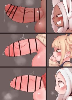 3futa absurdres bar_censor blonde_hair blush boku_no_hero_academia censored chart comparison dark-skinned_female dark_skin double_bun erection eri_(boku_no_hero_academia) foreskin futanari grin hair_bun highres horn loli mirko mole mole_on_testicle multiple_futa penis_chart penis_comparison penis_size_comparison penis_size_difference phimosis pointless_censoring precum rabbit_ears smile testicles toga_himiko white_hair zkky2nd