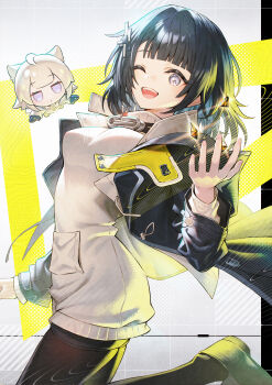 2girls absurdres arknights arknights:_endfield black_jacket black_pantyhose blunt_bangs chibi endministrator_(arknights) female_endministrator_(arknights) grey_eyes hair_ornament highres jacket long_hair long_sleeves multiple_girls one_eye_closed originium_(arknights) pantyhose perlica_(arknights) shirt sho_(sumika) shoes white_shirt
