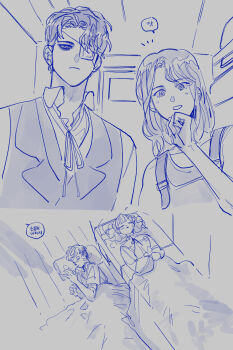 2boys 2girls abella_(fear_&amp;_hunger) blanket blue_theme closed_mouth collared_shirt commentary daan_(fear_&amp;_hunger) english_commentary eyepatch fear_&amp;_hunger_(series) fear_&amp;_hunger_2:_termina grey_background highres korean_text levi_(fear_&amp;_hunger) lying marina_(fear_&amp;_hunger) medical_eyepatch monochrome multiple_boys multiple_girls neck_ribbon nul on_back on_side overalls parted_lips ribbon shirt simple_background sleeping translation_request vest