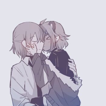 &gt;_&lt; 2girls aged_down animal_ears bear_ears bear_girl black_necktie blush closed_eyes collared_shirt commander_(girls&#039;_frontline) commentary_request female_commander_(girls&#039;_frontline) fur-trimmed_jacket fur_trim girls&#039;_frontline grizzly_mkv_(girls&#039;_frontline) grizzly_mkv_(teddy_transform!)_(girls&#039;_frontline) jacket long_sleeves medium_hair multiple_girls necktie official_alternate_costume shirt smile white_shirt xinhao