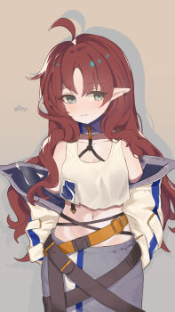 1girl absurdres ahoge arknights blush breasts brown_background brown_hair closed_mouth commentary_request drop_shadow ear_piercing green_eyes grey_skirt highres hui_yu_yu_yu_ye jacket long_hair long_sleeves looking_at_viewer midriff myrtle_(arknights) navel off_shoulder open_clothes open_jacket parted_bangs piercing pointy_ears puffy_long_sleeves puffy_sleeves simple_background skirt small_breasts smile solo tank_top very_long_hair white_jacket white_tank_top