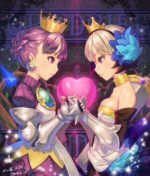 10s 2016 2girls armor armored_dress bare_shoulders blue_wings braid breastplate breasts brooch character_name closed_mouth crossover crown crystal dated dress earrings ecell eye_contact eyebrows from_side gem glowing gold_crown gradriel gwendolyn_(odin_sphere) hair_ornament head_wings heart hexagon holding jewelry knight lace leaf lens_flare light_particles looking_at_another low_wings medium_breasts multiple_girls necklace odin_sphere orb plant princess_crown profile puffy_sleeves purple_eyes purple_hair ring ring_necklace short_hair silver_hair skindentation small_breasts smile spikes strapless strapless_dress symmetrical_hand_pose symmetrical_pose tree turtleneck vanillaware wings yuri