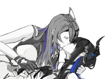 2girls amplewhy bare_arms blue_streaks blush closed_eyes ear_blush earrings elizabeth_rose_bloodflame gloves greyscale highres hololive hololive_english horns jewelry kiss monochrome multiple_girls nerissa_ravencroft spot_color virtual_youtuber yuri