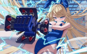 1girl absurdres animal_ear_hairband animal_ears blue_archive blue_bow blue_eyes blue_hairband blue_halo blue_leotard blush bow braid breasts commentary english_commentary fake_animal_ears gauntlets hairband half_up_braid halo highleg highleg_leotard highres large_breasts leotard long_hair looking_ahead maji_(majidesu3) official_alternate_costume official_alternate_hairstyle playboy_bunny rabbit_ear_hairband rabbit_ears single_gauntlet single_mechanical_glove solo thighhighs toki_(blue_archive) toki_(bunny)_(blue_archive) white_thighhighs wrist_cuffs