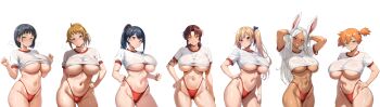 6+girls :o abs animal_ears aqua_eyes arm_at_side arms_behind_head arms_up asymmetrical_hair bikini bikini_bottom_only black_hair black_lagoon blonde_hair blue_eyes blue_hair blue_ribbon blush boku_no_hero_academia bow breasts brown_hair buruma cameltoe clenched_hands closed_mouth clothes_lift collarbone covered_erect_nipples cowboy_shot crop_top cropped_shirt curvy dark-skinned_female dark_skin female_focus gluteal_fold green_eyes gridman_universe grin groin gundam gym_shirt gym_uniform hair_between_eyes hair_bow hair_ornament hair_ribbon hairclip hand_on_lap hand_on_own_hip hand_on_own_leg hand_on_own_thigh hands_up high_ponytail highleg highleg_bikini highleg_panties highres hoshino_fumina huge_breasts kawakami_mai kirigaya_suguha large_breasts legs linea_alba long_hair long_image looking_at_viewer low_ponytail midriff mirko misty_(pokemon) mole mole_under_eye multiple_girls muscular muscular_female myriad_colors_phantom_world navel nintendo no_bra open_mouth orange_hair panties parted_bangs parted_lips pokemon pokemon_(anime) pokemon_(classic_anime) ponytail purple_eyes rabbit_ears ranhatu red_bikini red_buruma red_eyes red_panties revy ribbon see-through_clothes shiny_skin shirt shirt_lift short_hair short_sleeves shoulder_tattoo side_ponytail sidelocks simple_background skindentation smile solo sports_uniform sportswear ssss.gridman standing steam steaming_body stomach sweat sweaty_clothes swimsuit sword_art_online t-shirt takarada_rikka tattoo taut_clothes thick_thighs thigh_gap thighs thong toned twintails underboob underwear wedgie wet wet_clothes wet_shirt white_background white_hair white_shirt wide_hips wide_image yellow_eyes