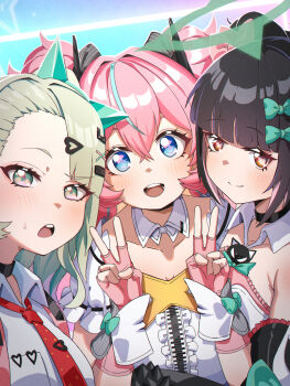 3girls angels_of_delusion aqua_hair aqua_streaks aria_(zenless_zone_zero) bare_shoulders black_choker black_hair blue_eyes blush bow breasts center_frills choker closed_mouth collarbone commentary_request crossed_bangs detached_collar detached_sleeves double_v dress fingerless_gloves frilled_sleeves frills gloves green_bow green_eyes green_hair green_halo hair_between_eyes hair_bow hair_intakes hair_ornament halo heart heart_hair_ornament highres lhofi looking_at_viewer multicolored_hair multiple_girls multiple_hair_bows nangong_yu necktie open_mouth pink_bow pink_gloves pink_hair red_eyes red_necktie shirt small_breasts smile sparkling_eyes streaked_hair sunna_(zenless_zone_zero) sweatdrop v white_dress white_shirt zenless_zone_zero