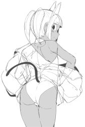 1girl animal_ears animated ass ass_shake back black_eyes blunt_bangs blush_stickers cat_ears cat_girl cat_tail female_focus from_behind greyscale hands_on_own_hips highleg highleg_leotard legs_together leotard loli looking_at_viewer looking_back looping_animation monochrome no_pupils original sketch smile solo standing strapless strapless_leotard tail thigh_gap thighs twintails video zettai_yarumoni