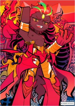 1boy ashwatthama_(fate) bracelet colored_skin crossover fate/grand_order fate_(series) fire gold_bracelet green_eyes highres indian jewelry maewenmitzuki orange_hair panty_&amp;_stocking_with_garterbelt panty_&amp;_stocking_with_garterbelt_(style) parody type-moon