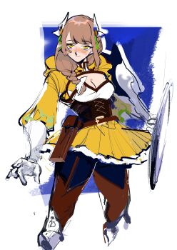 Rule 34 | 1girl, absurdres, black corset, braid, braided ponytail, breasts, brown hair, cleavage, corset, fire emblem, fire emblem engage, goldmary (fire emblem), hair ribbon, highres, holding, holding shield, hooded top, large breasts, long hair, looking at viewer, low ponytail, mochako (motyako 1005), nintendo, ponytail, ribbon, shield, skirt, smile, white ribbon, yellow eyes, yellow skirt