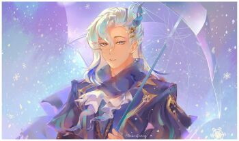 1boy absurdres archionturkey blue_streaks border brown_eyes clothing_request curtained_hair feather_hair_ornament feathers frills genshin_impact hair_ornament hair_slicked_back high_collar highres holding holding_umbrella looking_at_viewer male_focus neuvillette_(genshin_impact) parted_lips pastel_colors pointy_ears snow snowflakes solo umbrella upper_body white_border white_hair