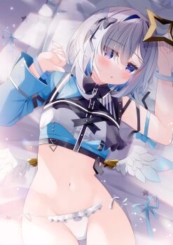 1girl absurdres amane_kanata angel_wings bed_sheet black_shirt blue_hair blue_shirt blue_wings blush bob_cut bow center_frills collared_shirt colored_inner_hair commentary_request cropped_shirt feathered_wings frilled_panties frills gradient_wings grey_hair hair_bow hair_over_one_eye halo highres hololive hololive_idol_uniform_(color_rise) looking_at_viewer lying masanohe_(etoileair) mini_wings multicolored_hair multicolored_shirt multicolored_wings navel no_pants official_alternate_costume on_back open_mouth panties pink_hair purple_eyes shirt short_hair side-tie_panties single_hair_intake single_sleeve solo star_halo stomach streaked_hair underwear virtual_youtuber white_wings wings wristband