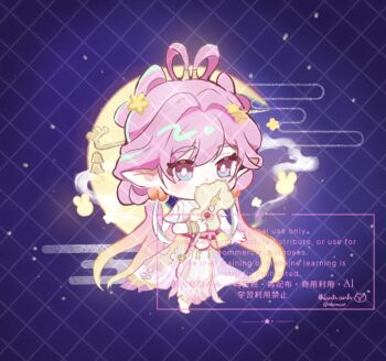 1girl chibi chibi_only chinese_clothes chinese_hairstyle commentary crescent_moon dress earrings elf elysia_(hi_love_elf)_(honkai_impact) elysia_(honkai_impact) elysia_(moonlit_grace)_(honkai_impact) hand_fan holding holding_fan honkai_(series) honkai_impact_3rd jewelry long_hair looking_at_viewer moon multicolored_hair night official_alternate_costume pink_hair pointy_ears purple_eyes sky solo star_(sky) starry_sky symbol-only_commentary two-tone_hair ukoncat very_long_hair watermark white_dress white_hair