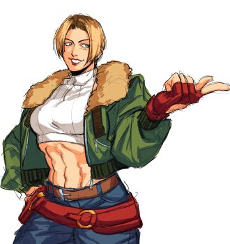 1girl abs belt blonde_hair blue_eyes blue_mary blue_pants brown_belt fatal_fury fatal_fury:_city_of_the_wolves female_focus fingerless_gloves gloves green_jacket grin jacket lemon_1034 loose_belt midriff muscular muscular_female pants red_belt red_gloves red_lips short_hair simple_background smile snk solo teeth white_background