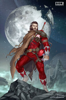 1boy armor beard belt black_hair bodysuit boom!_studios broken_moon brown_cape cape comic_cover cover dino_buckler facial_hair gloves helmet highres holding holding_unworn_helmet in-hyuk_lee jason_lee_scott mask mighty_morphin_power_rangers mighty_morphin_red_ranger moon mustache official_art power_rangers power_rangers_(boom!_studios) red_bodysuit scar scar_on_face shoulder_armor standing sword tokusatsu tyranno_ranger unworn_helmet weapon western_comics_(style)