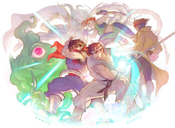 2girls 3boys ahoge brown_hair dark-skinned_female dark_skin dated dougi fighting gambit hadouken hair_between_eyes headband highres leo_tail long_hair male_focus marrow_(x-men) marvel marvel_vs._capcom marvel_vs._capcom_2 mask monster mouth_mask multiple_boys multiple_girls open_mouth orange_hair red_scarf ryu_(street_fighter) scarf short_hair shuma_gorath storm_(x-men) street_fighter strider_(video_game) strider_hiryuu twitter_username white_background white_hair white_headband x-men