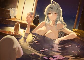 1girl absurdres ahoge blush bottle breasts chowol closed_mouth collarbone commentary cup grey_hair highres holding holding_cup huge_breasts long_hair looking_at_viewer orange_eyes partially_submerged sakazuki sake_bottle single_hair_intake smile solo yixuan_(zenless_zone_zero) zenless_zone_zero